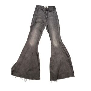 Free People High Rise Waisted Black Gray Wash Flare Jeans W26 Distressed Raw Hem